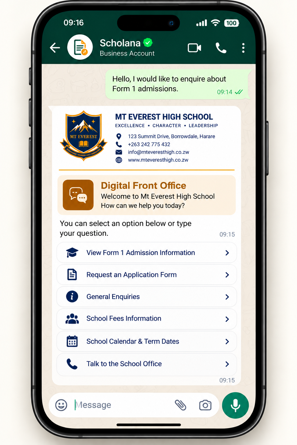 Digital Front Office conversation through the verified Scholana Business Account for Mt Everest High School