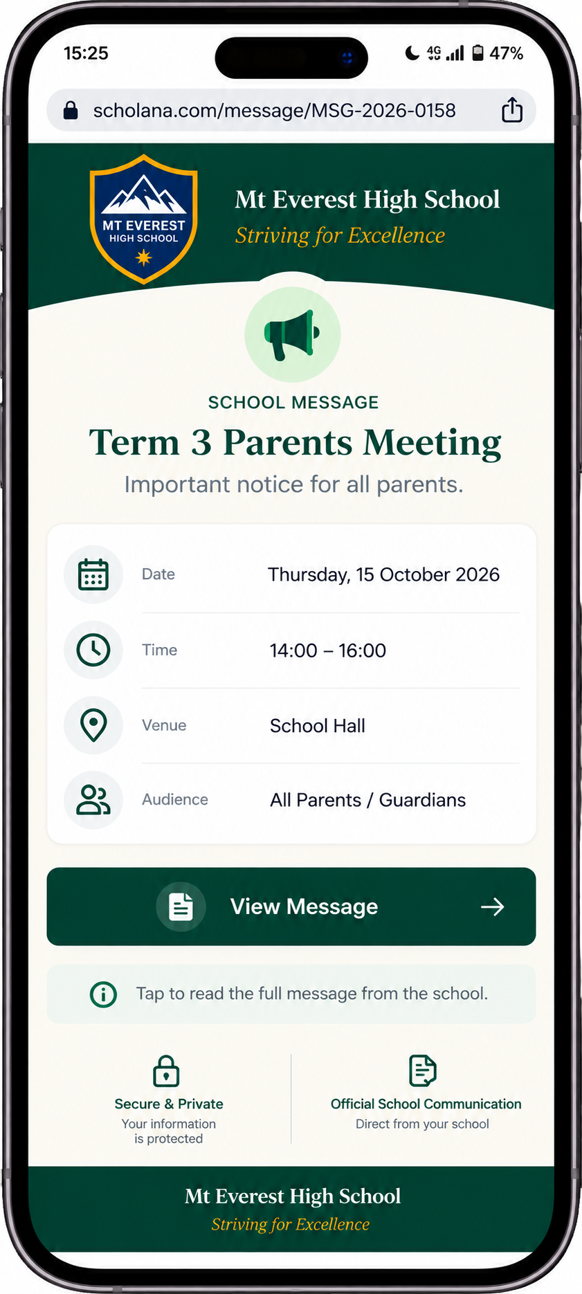 Mt Everest High School message landing page for the Term 3 Parents Meeting with a View Message button