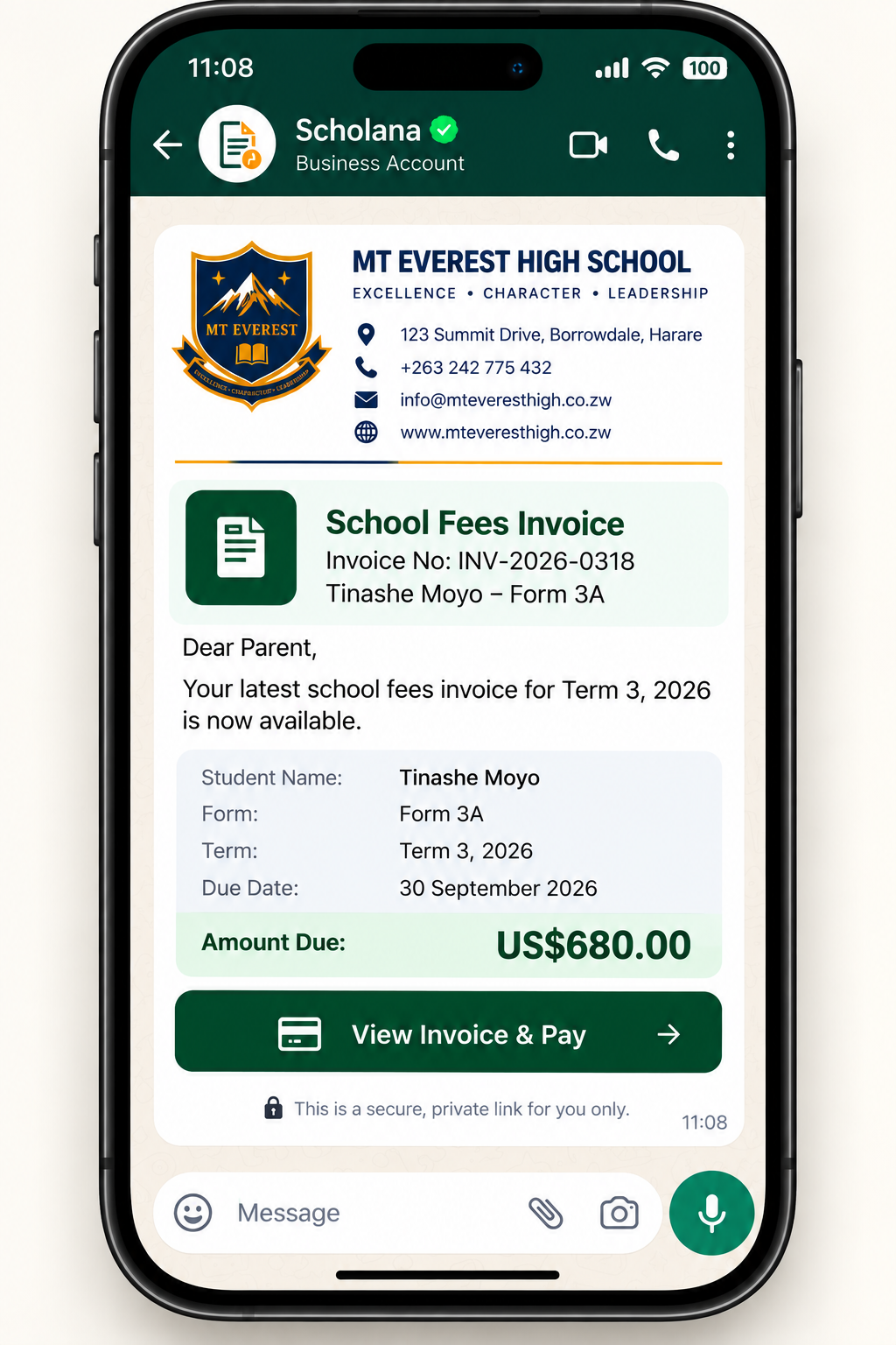 Smart Fees Invoice delivered by the verified Scholana Business Account for Mt Everest High School