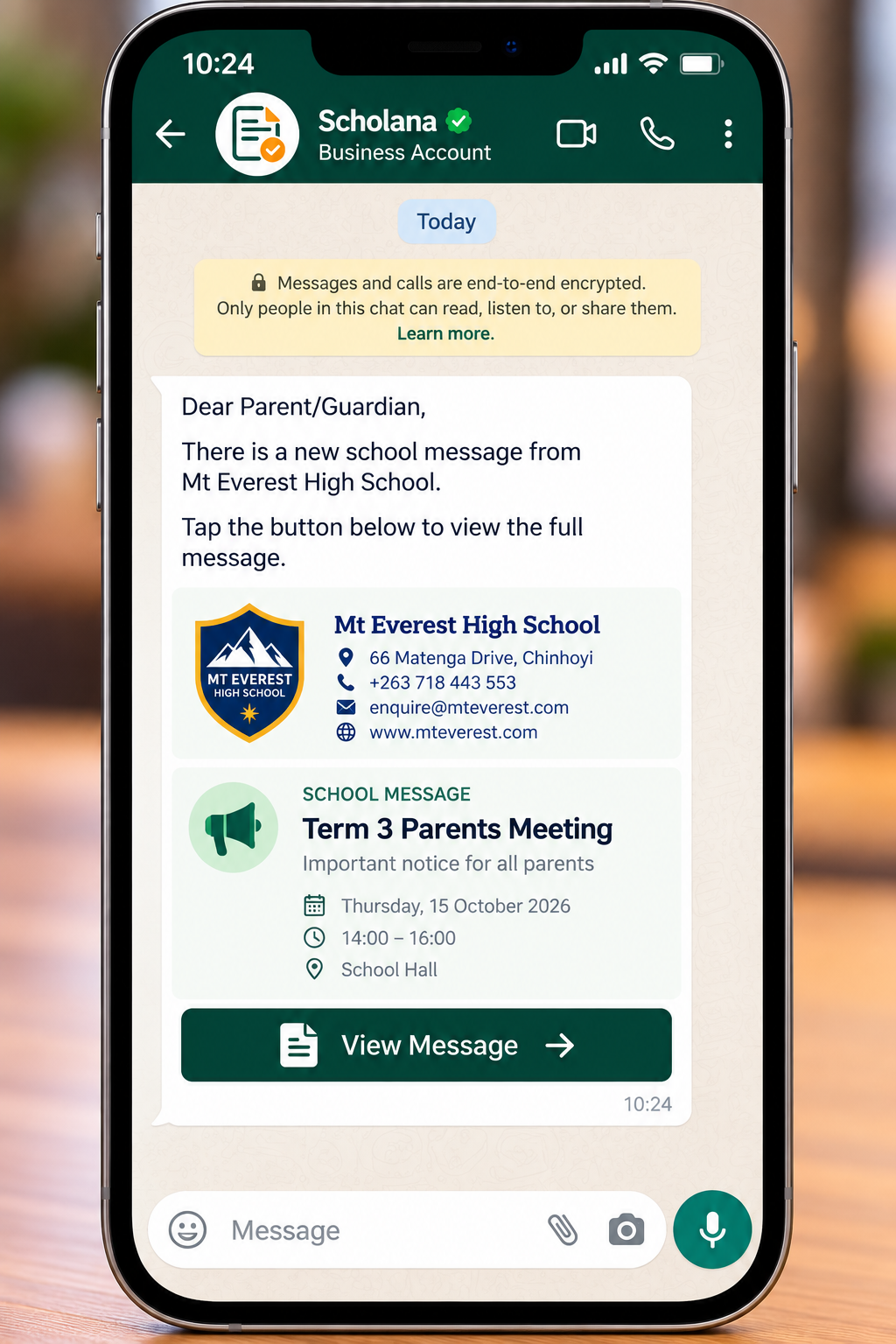 WhatsApp message from the Scholana Business Account with a new Mt Everest High School message and a View Message button