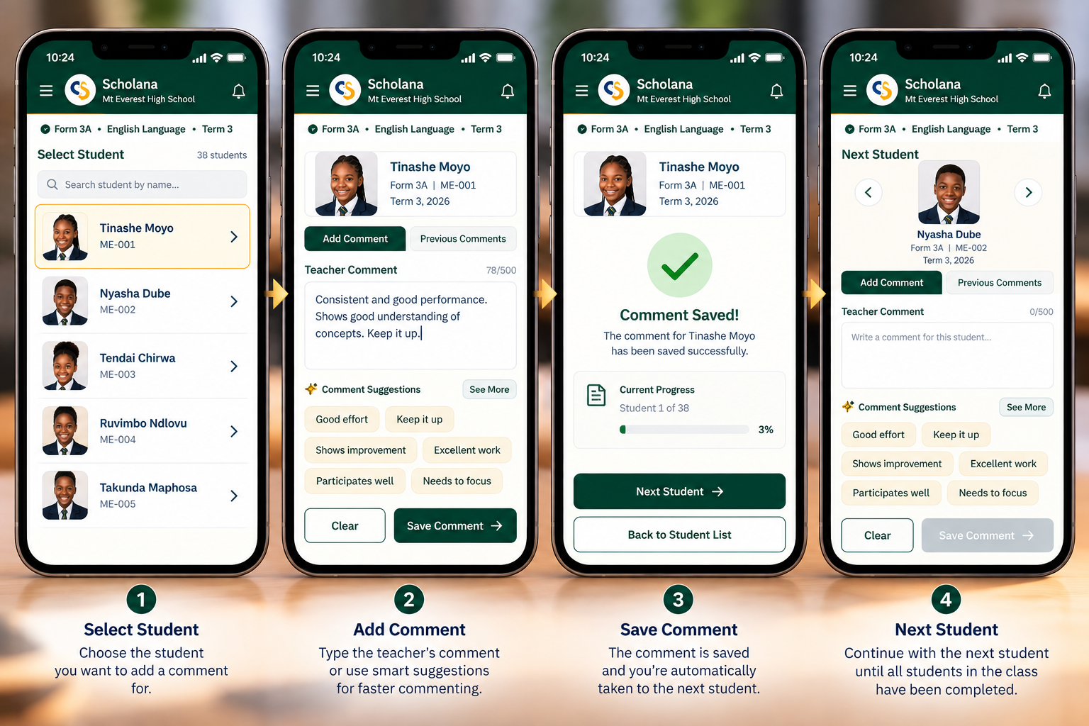 Scholana Mobile Comments workflow — select student, add comment, save and continue to the next student