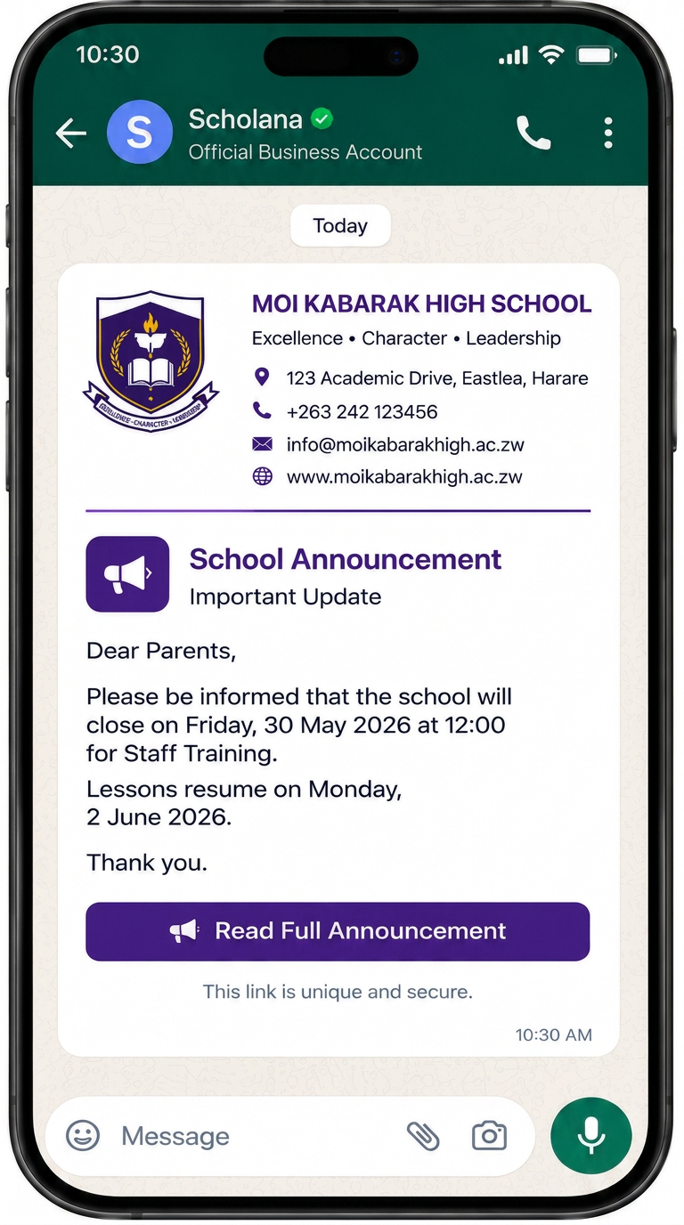 WhatsApp chat showing a school announcement about early closing sent to a parent