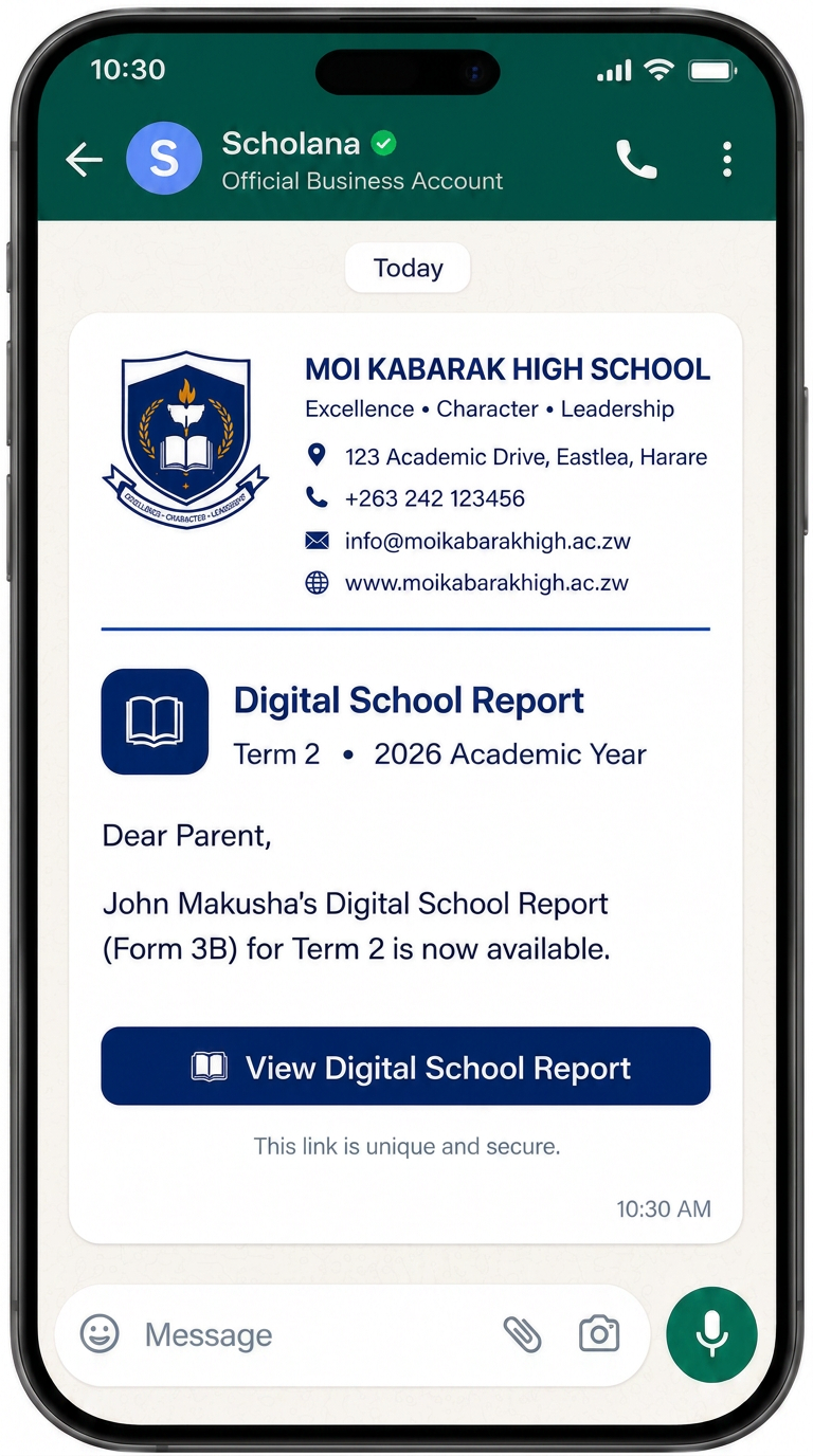WhatsApp chat showing a parent receiving a Digital School Report link from Moi Kabarak