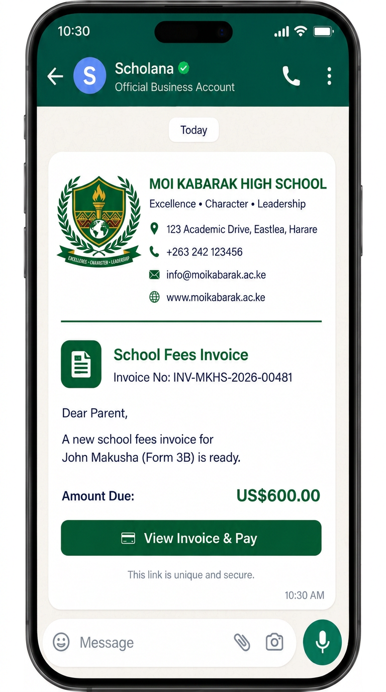 WhatsApp chat showing a parent receiving a school fees invoice with a View Invoice and Pay button
